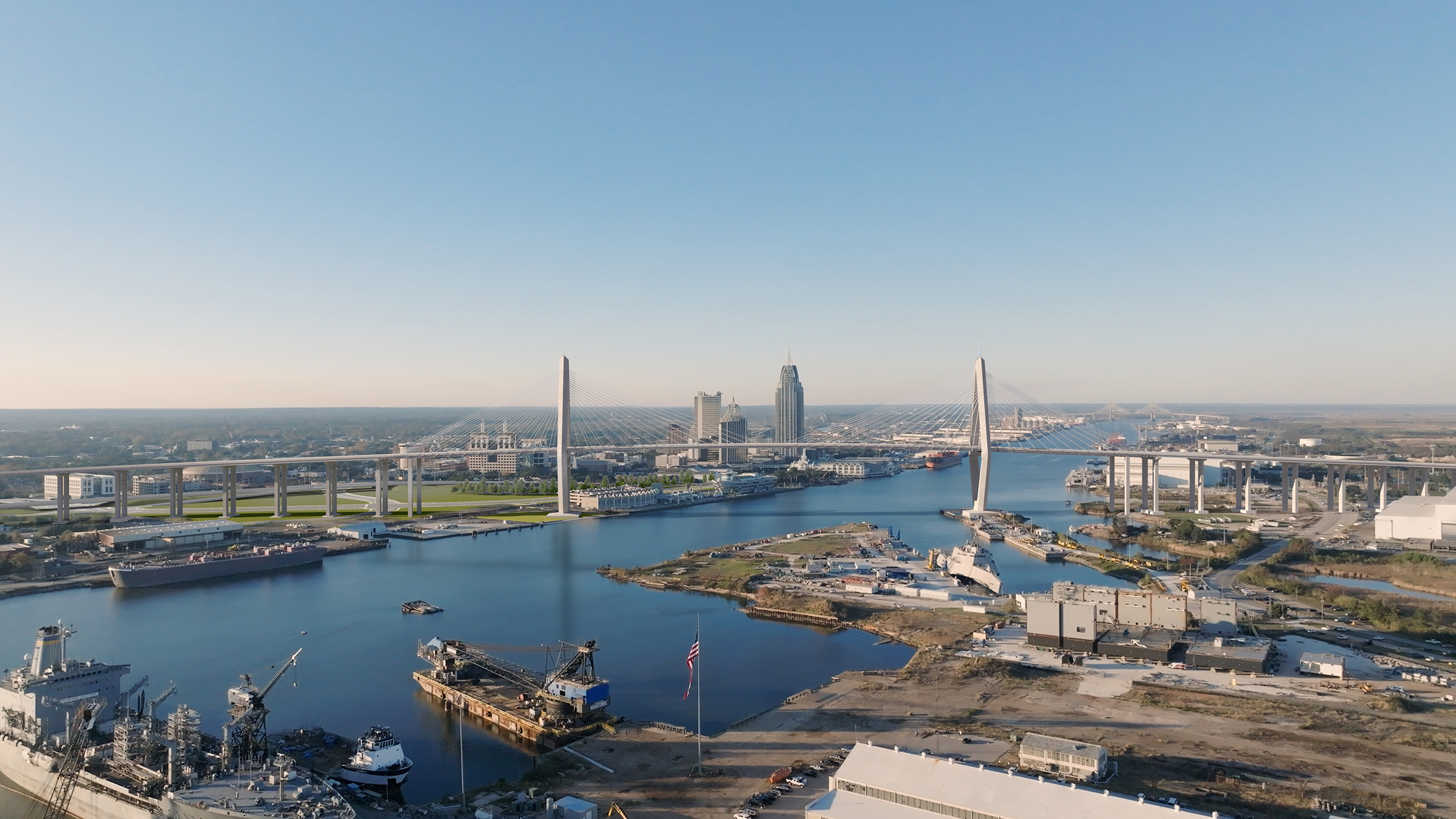 Artist's rendering of the proposed Mobile River Bridge and Bayway Project featuring a new six-lane cable-stayed bridge over the Mobile River connecting Interstate 10 between Mobile and Baldwin counties.