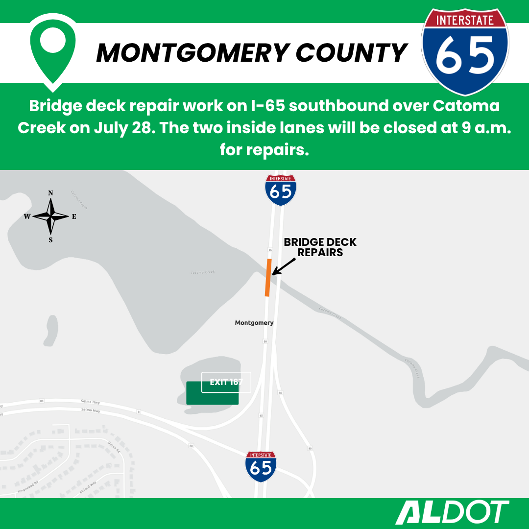An ALDOT (Alabama Department of Transportation) traffic advisory infographic regarding bridge deck repair work in Montgomery County. The graphic states that repairs on the I-65 southbound bridge over Catoma Creek will take place on July 28, with the two inside lanes closing at 9 a.m. A map below the text highlights the specific repair location on I-65 just north of Exit 167 (Selma Highway).