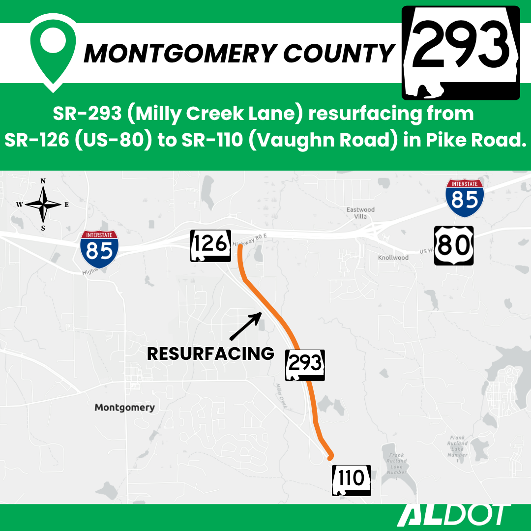 ALDOT map showing a resurfacing project on SR-293 (Milly Creek Lane) in Pike Road, extending from SR-126 (US-80) to SR-110 (Vaughn Road) in Montgomery County.