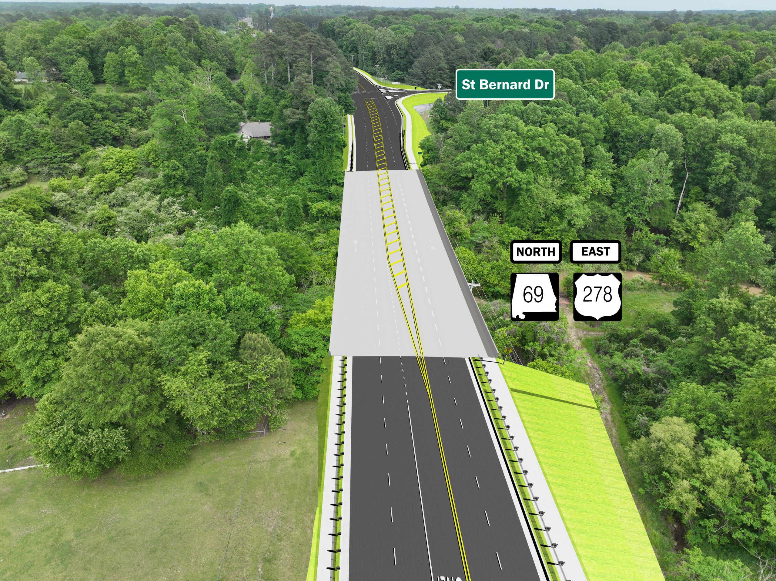 A rendering showing a four-lane bridge.