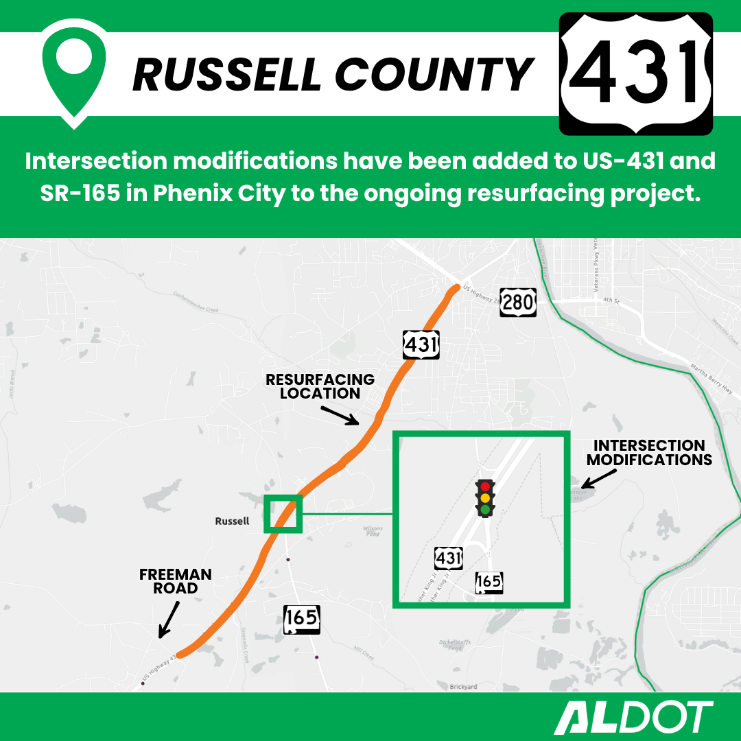 ALDOT map graphic announcing intersection modifications at US-431 and SR-165 added to the ongoing resurfacing project on US-431 in Phenix City, Russell County.