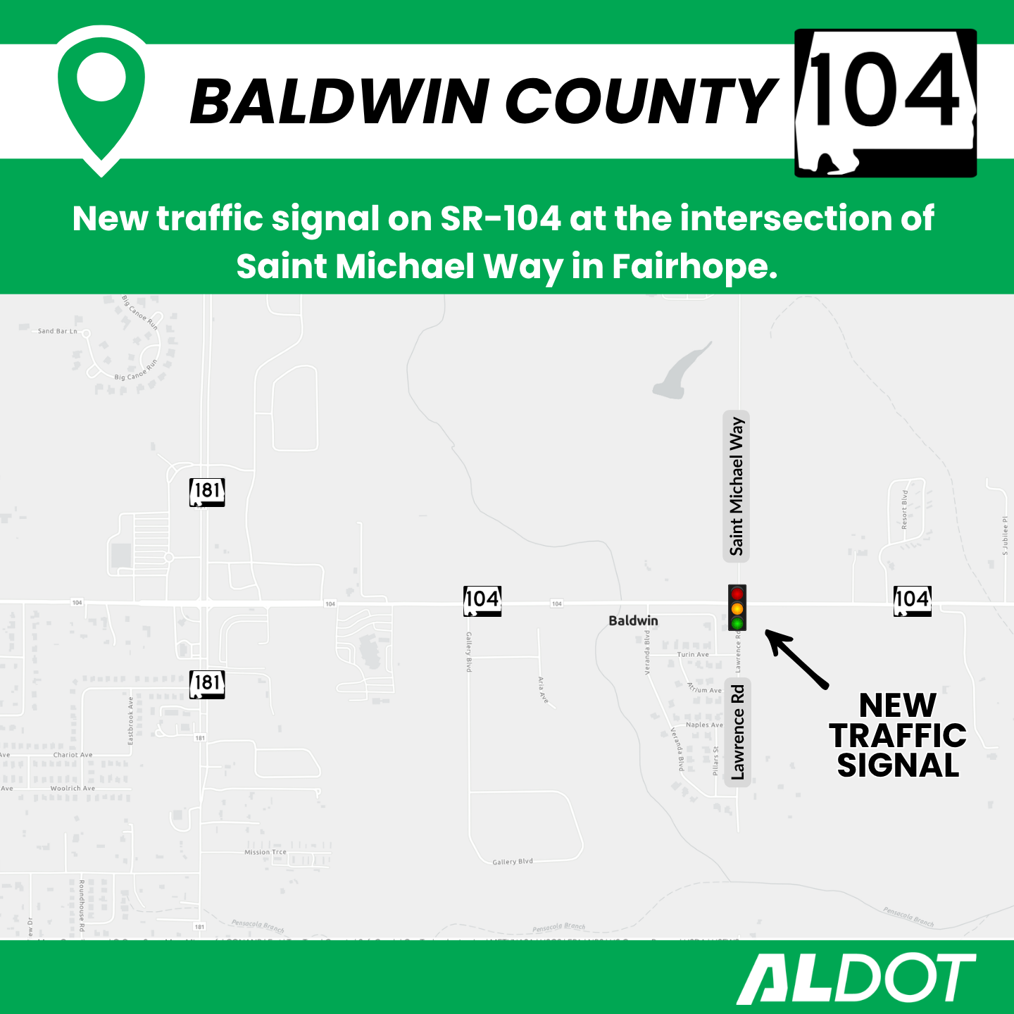 Map of Fairhope in Baldwin County showing the location of a new traffic signal at the intersection of SR-104 and St. Michael Way.