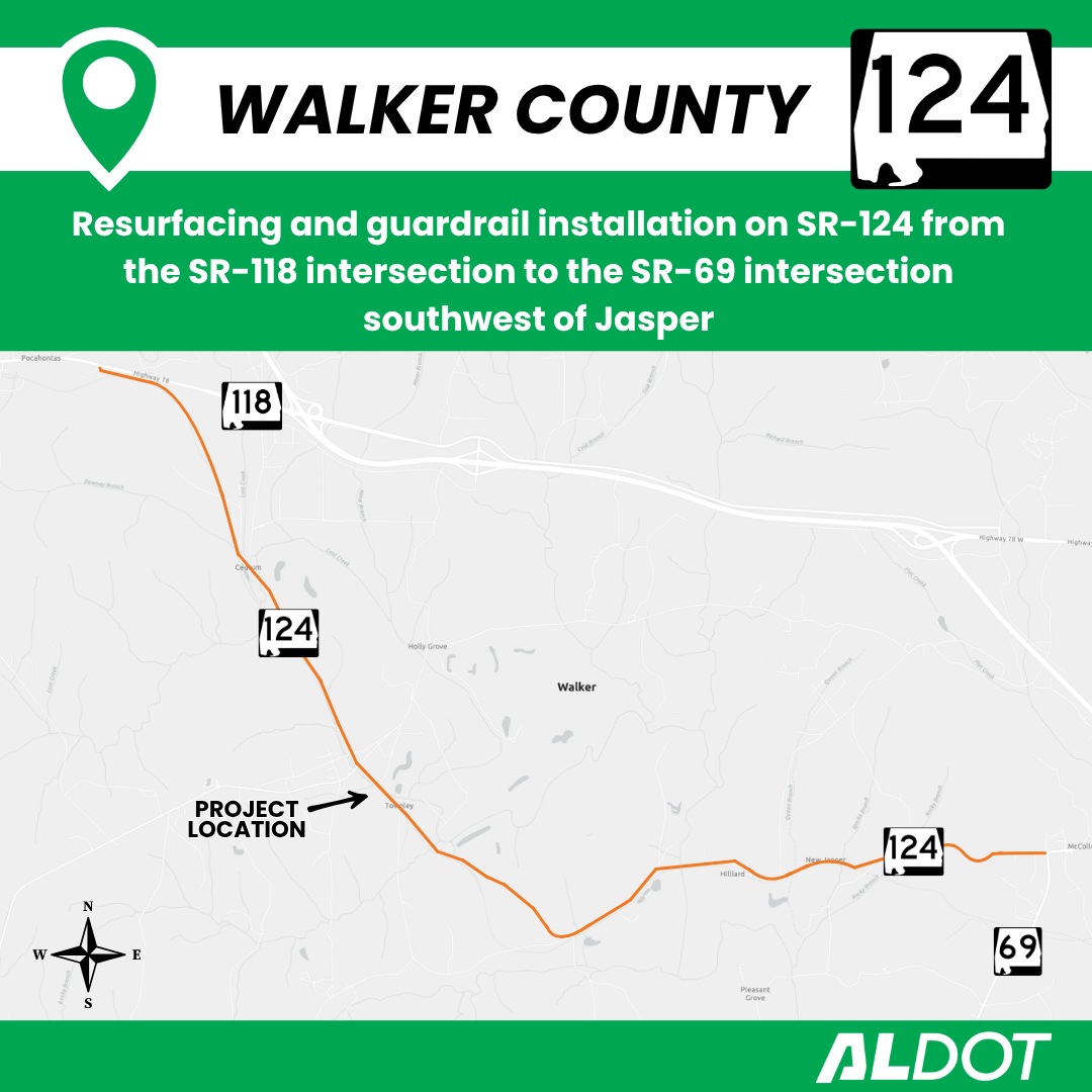 Resurfacing map of SR-124 in Walker County