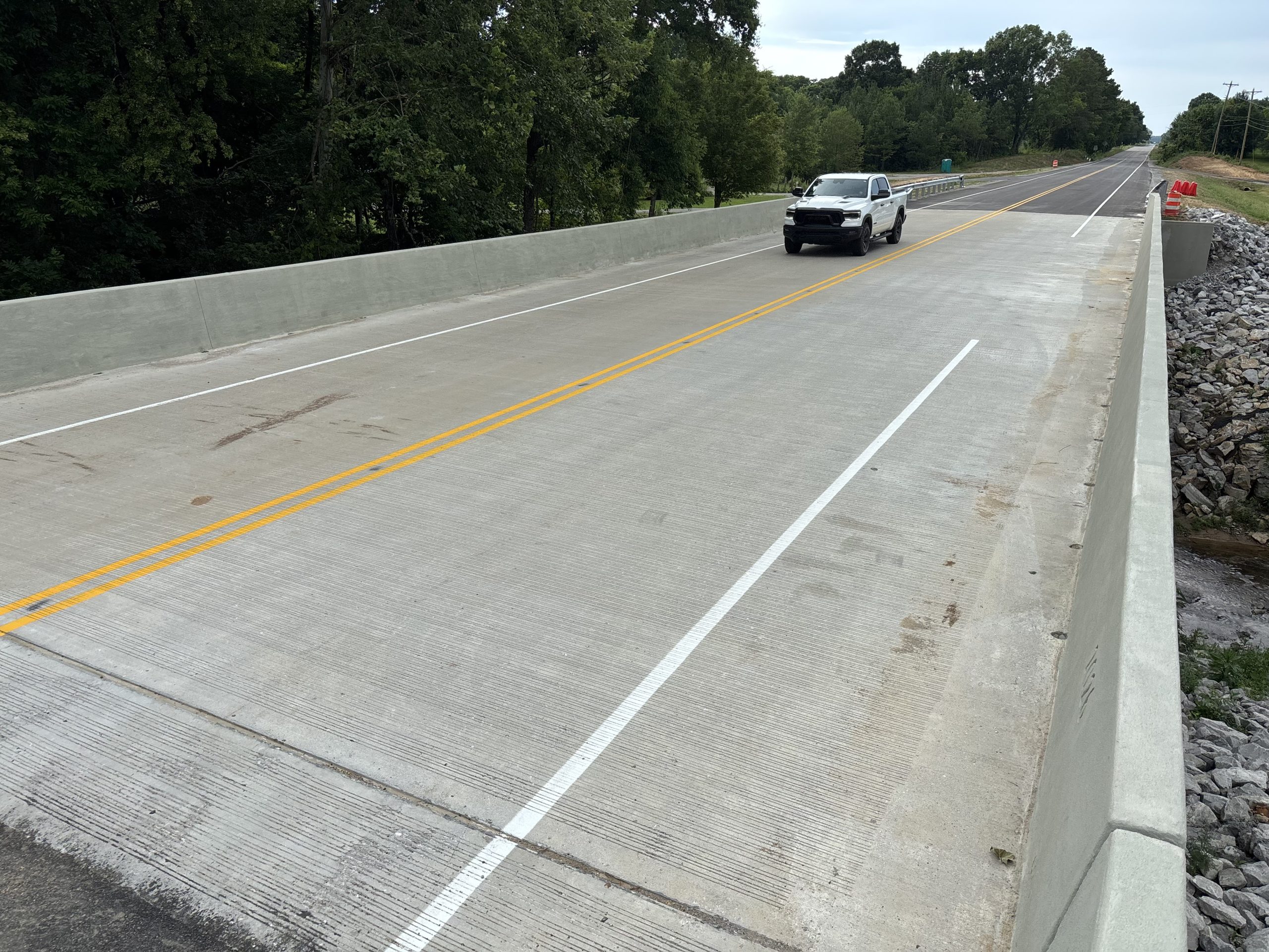 A truck drives over the new SR-243 bridge over Cedar Creek in Franklin County.