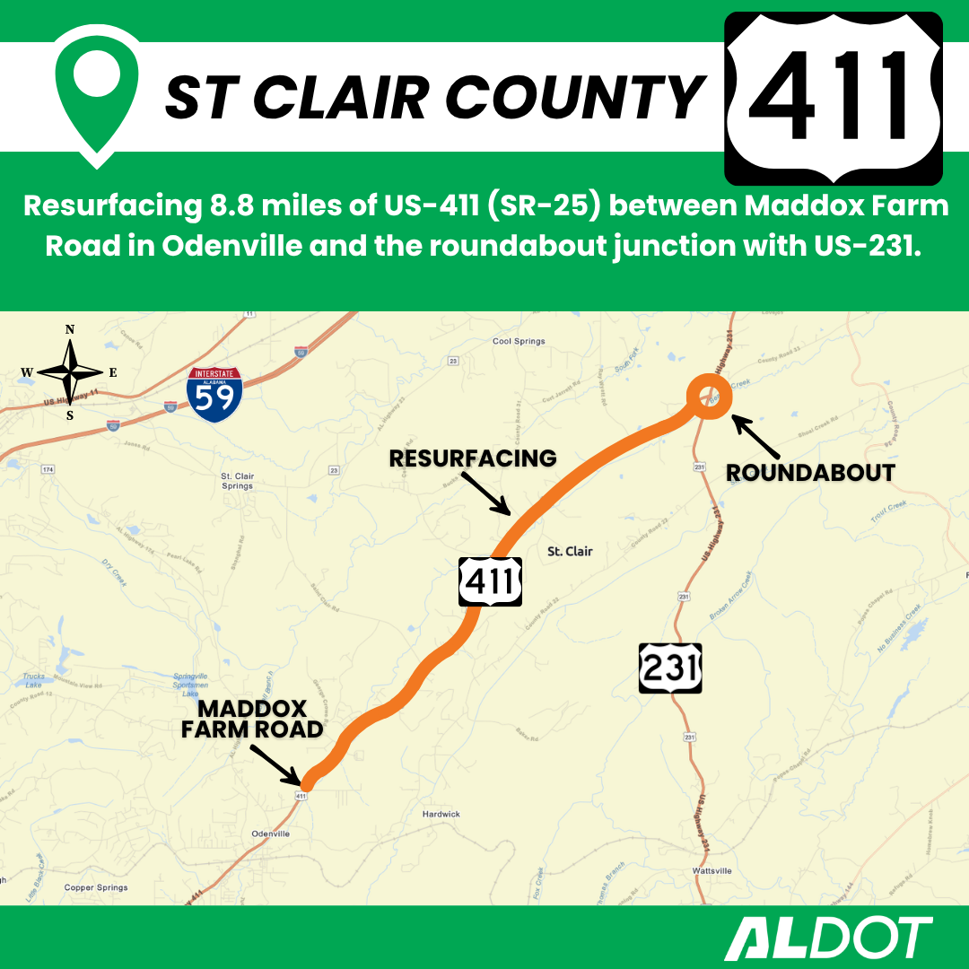 ALDOT resurfacing US-411 between Odenville and Ashville in St Clair County.