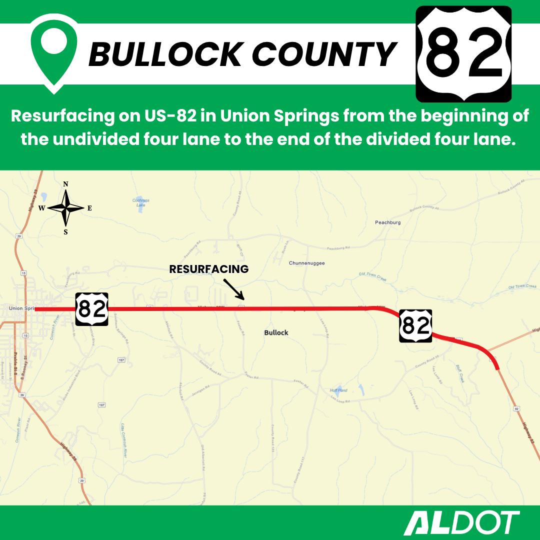 Map showing US-82 resurfacing project limits in Bullock County near Union Springs, highlighting the project route in red.