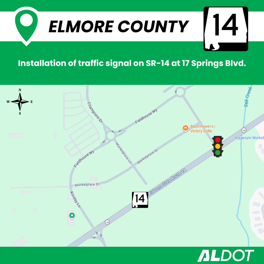 ALDOT map announcing the installation of a traffic signal on Alabama State Route 14 at 17 Springs Blvd in Elmore County, near Baumhower's Victory Grille.