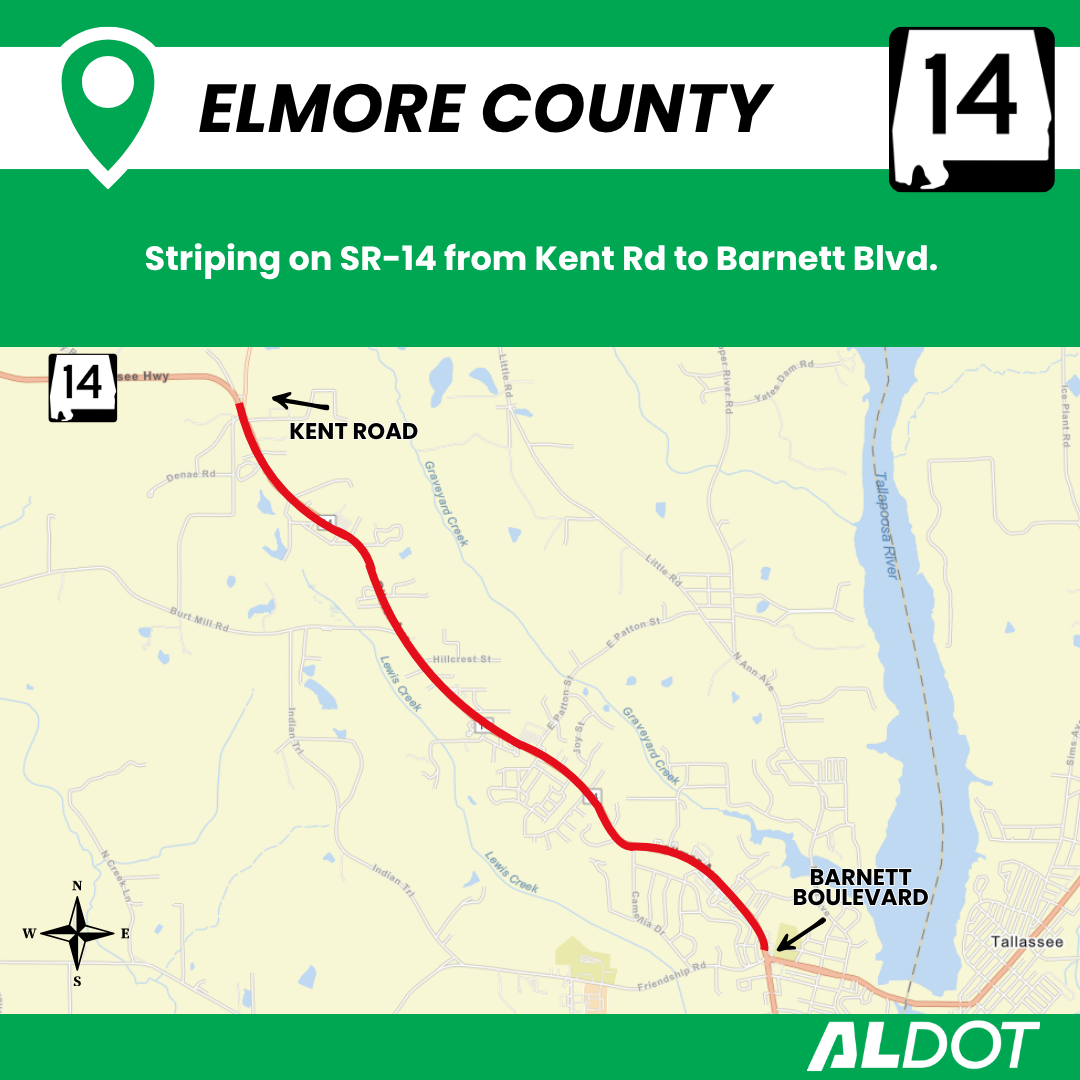 Map showing roadway striping maintenance on SR-14 in Elmore County from Kent Road to Barnett Boulevard near Tallassee.
