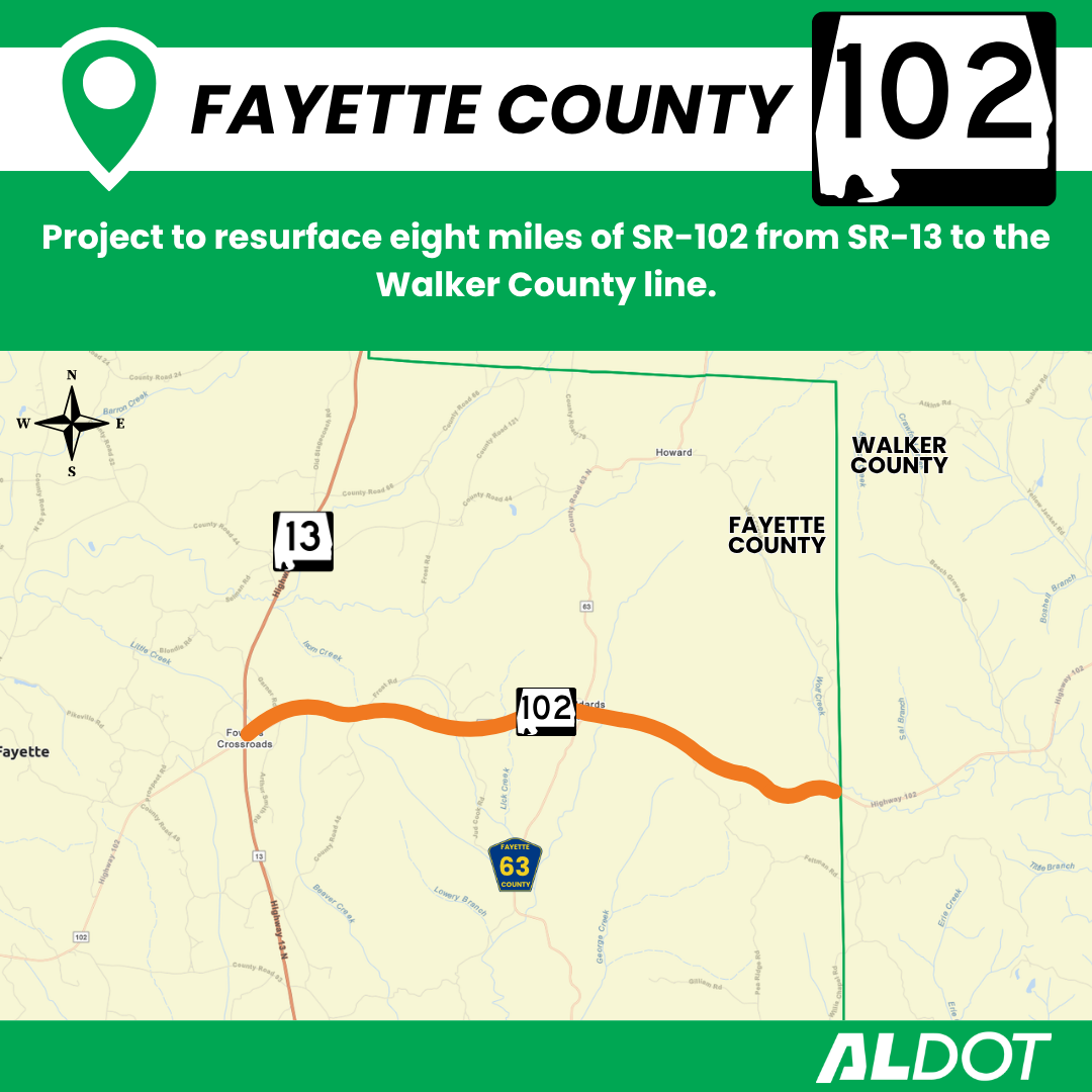 Resurfacing map of SR-102 in Fayette County