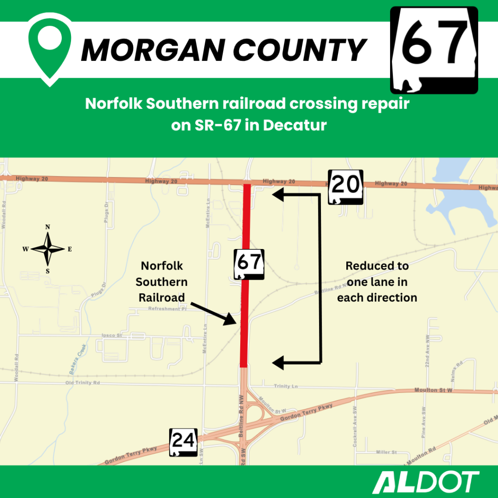 A map showing the location of the railroad crossing repair on SR-67. 