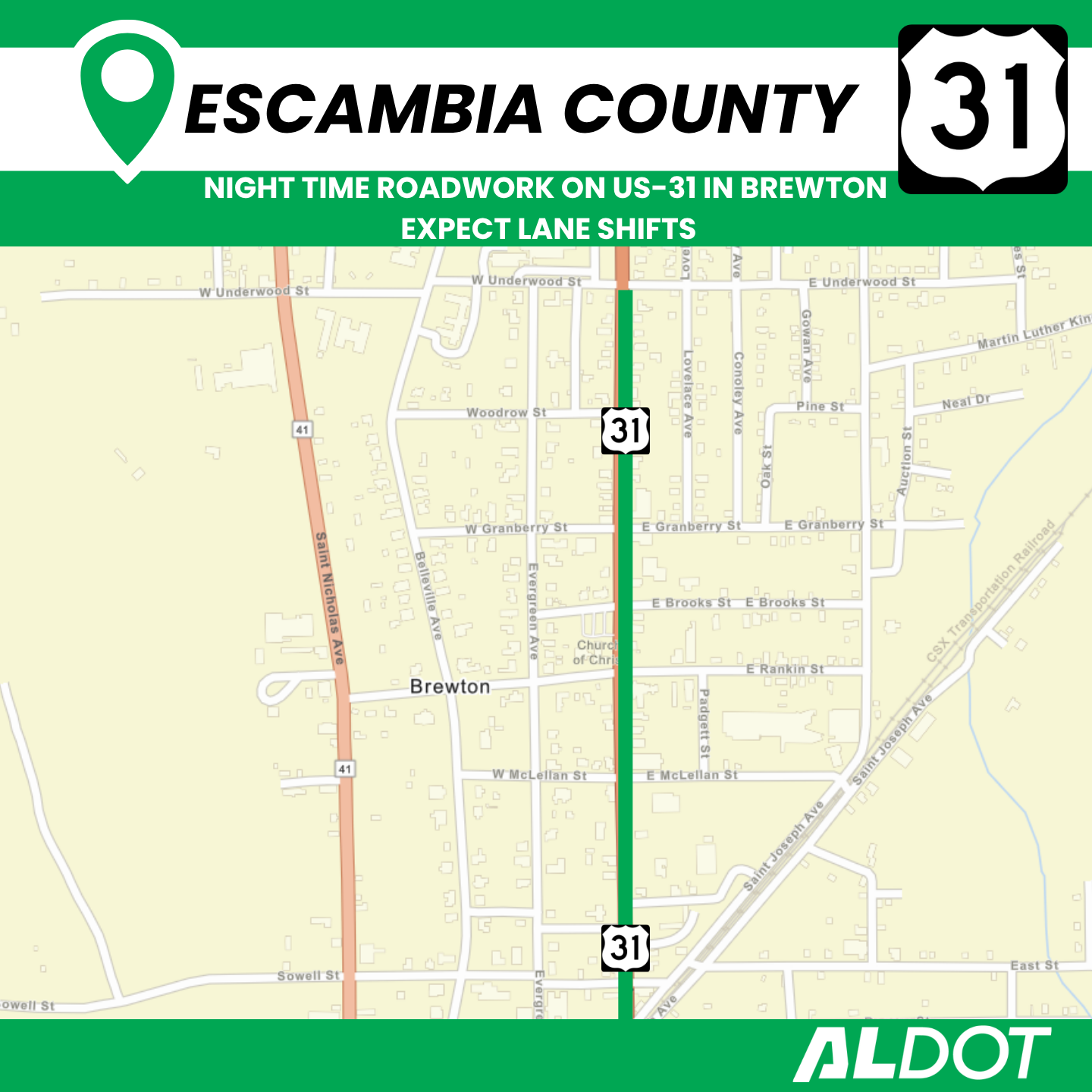 Nighttime Roadwork on US-31 in Brewton