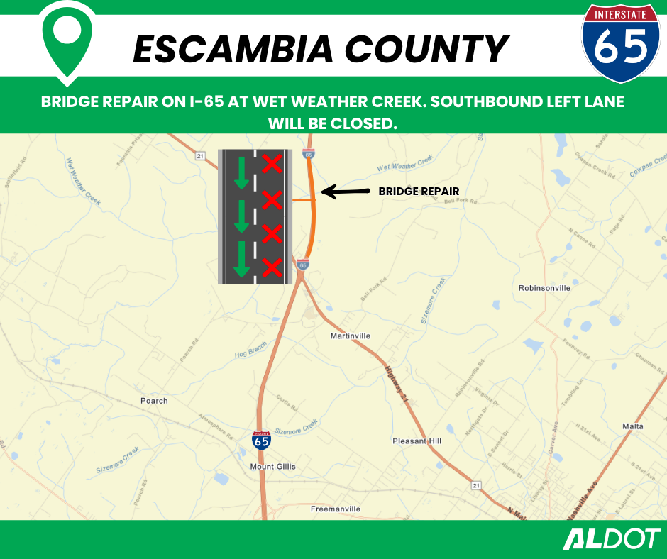 Bridge Repair on I-65 at Wet weather creek. Southbound left lane will be closed.