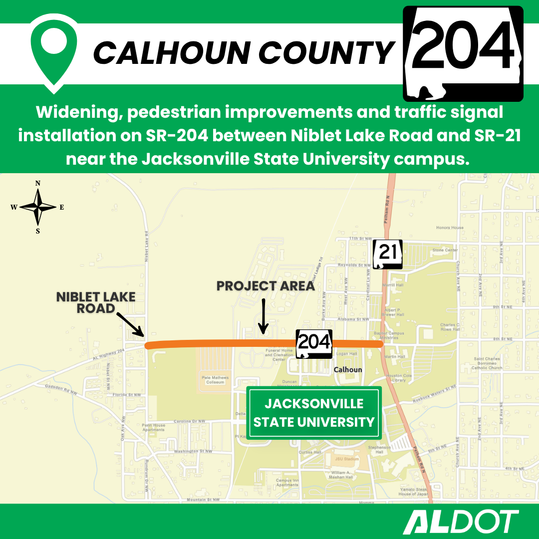 Traffic and pedestrian improvements on SR-204 near Jacksonville State University.
