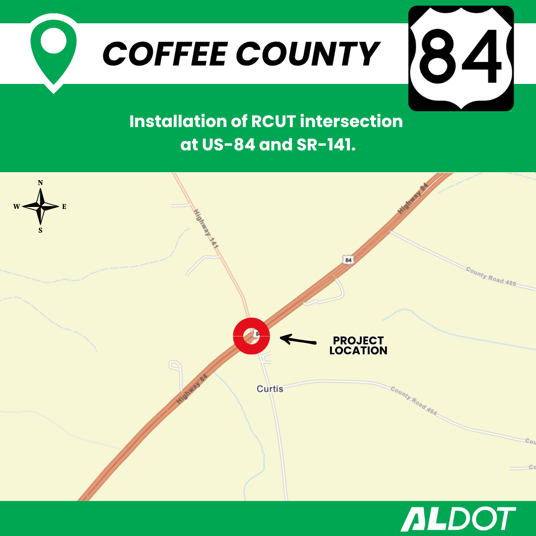 Project location map for RCUT intersection installation at US-84 and SR-141 in Coffee County.