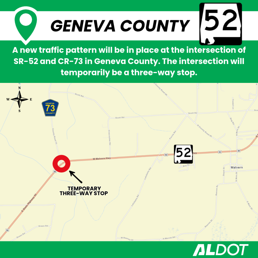 Map showing temporary three-way stop at SR-52 and CR-73 in Geneva County.