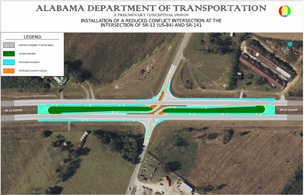 Conceptual design map showing proposed reduced conflict intersection improvements at the intersection of US-84 and SR-141.