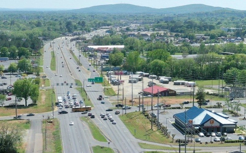 An aerial view of an intersection.