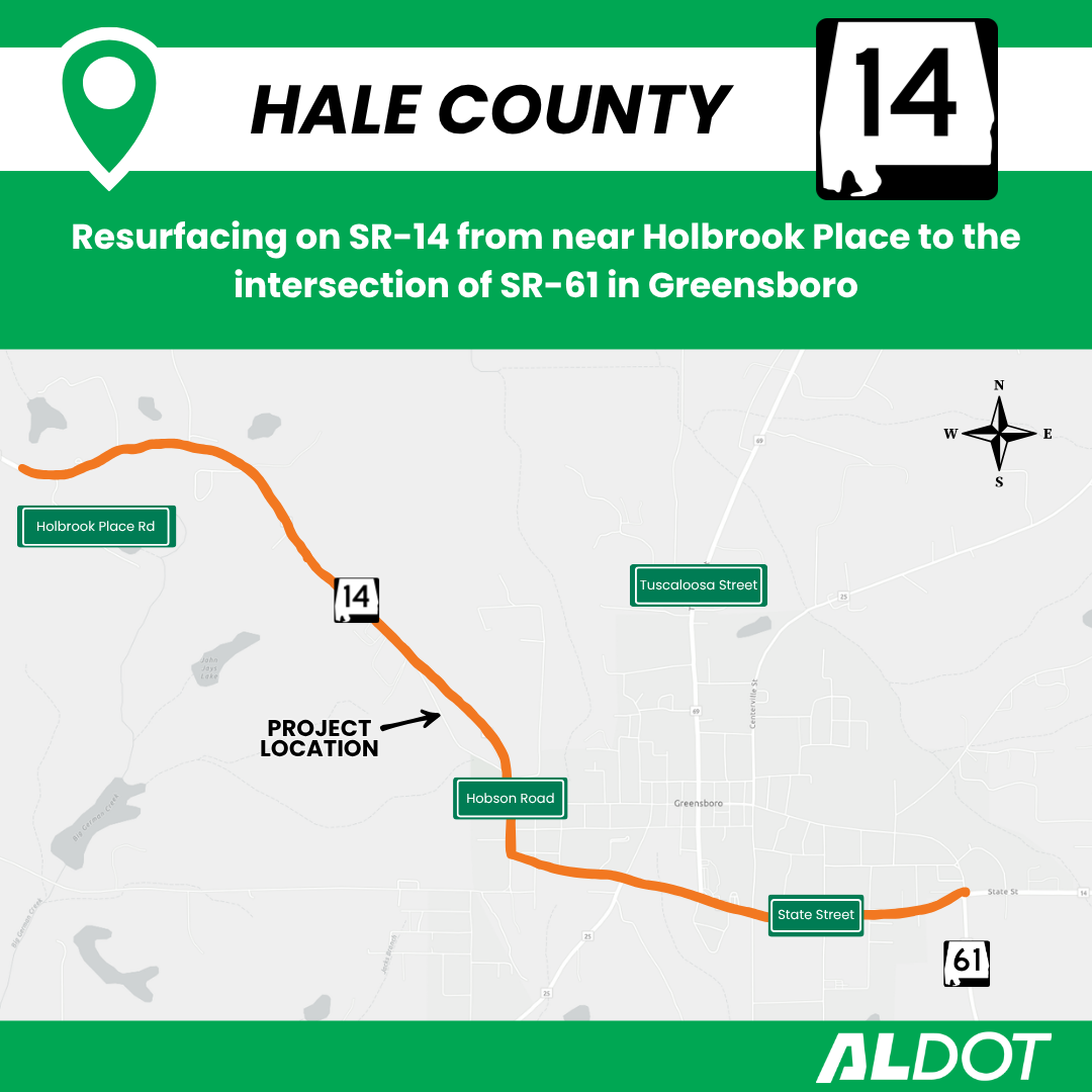 Resurfacing project on SR-14 in Hale County map