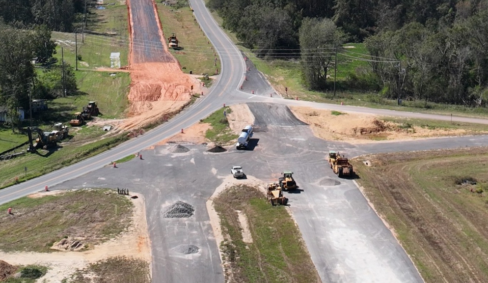 Aerial view of road construction and paving work at the intersection of SR-52 and CR-73 in Geneva County.