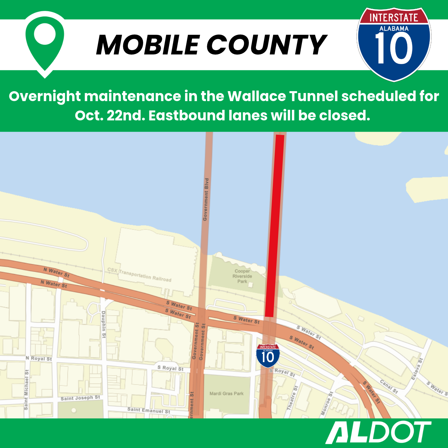 The I-10 eastbound Wallace Tunnel will close overnight on October 22nd
