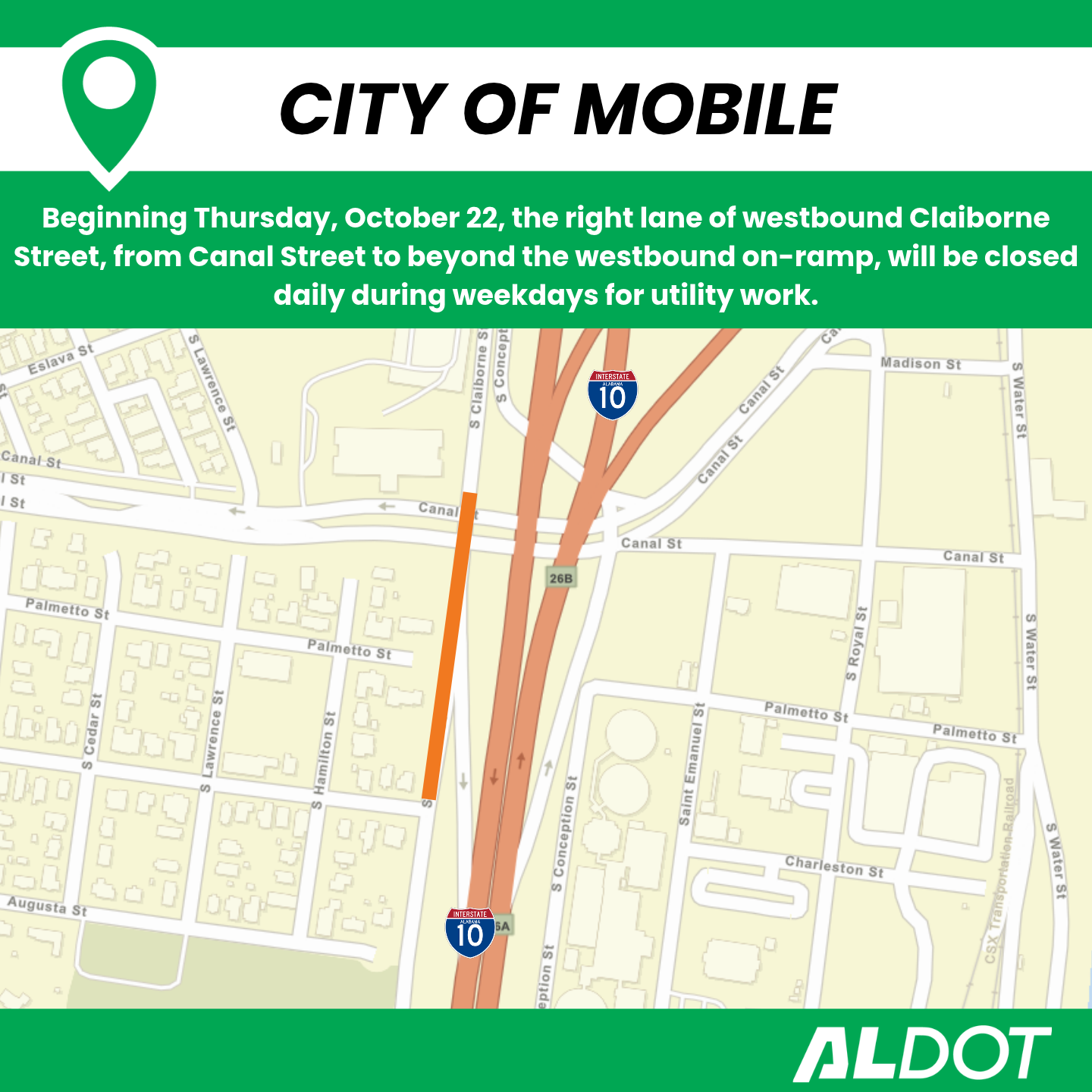 Beginning Thursday, October 22, the right lane of westbound Claiborne Street, from Canal Street to beyond the westbound on-ramp, will be closed daily during weekdays for utility work.